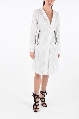 Striped Popeline V-Neck Shirtdress with Drawstring