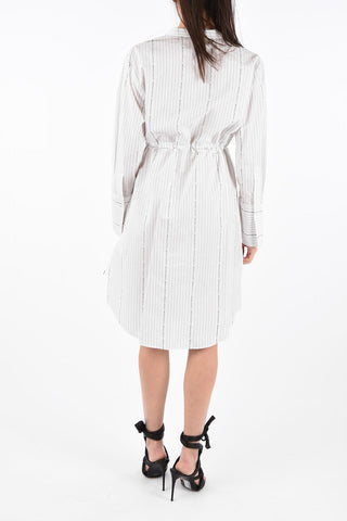Striped Popeline V-Neck Shirtdress with Drawstring