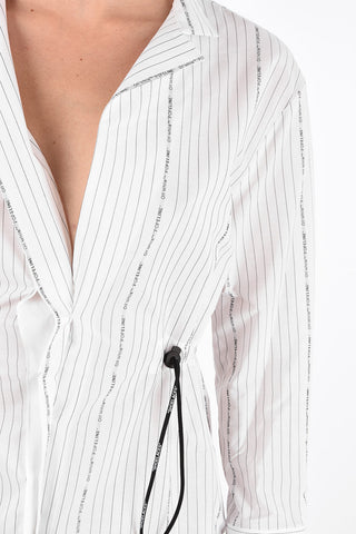 Striped Popeline V-Neck Shirtdress with Drawstring