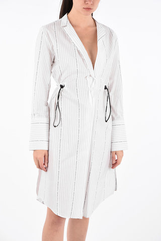 Striped Popeline V-Neck Shirtdress with Drawstring