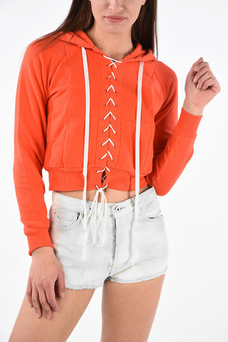 Terry Lace up Crop Sweatshirt with Hood
