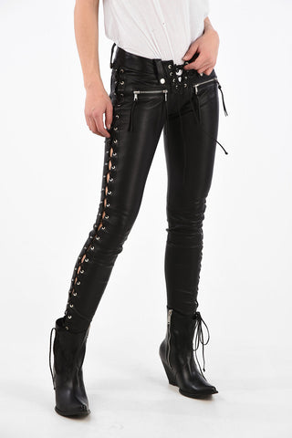 Mid Rise Leather Lace up Pants