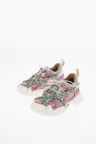 Leather and Fabric Sneakers with Jewel Applications