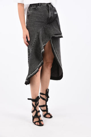 High Rise Ruffle Denim Asymmetric Skirt