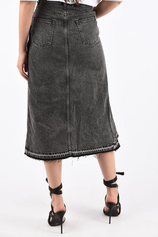 High Rise Ruffle Denim Asymmetric Skirt