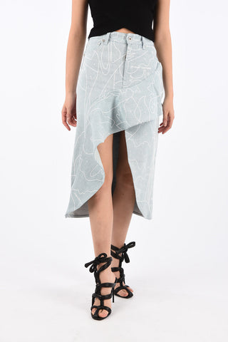 High Rise Ruffle Denim Asymmetric Skirt