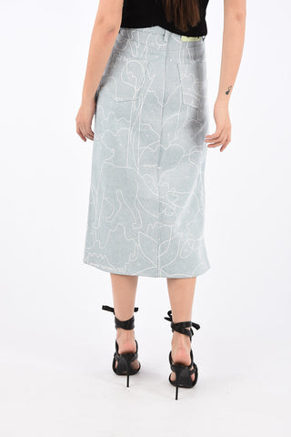 High Rise Ruffle Denim Asymmetric Skirt