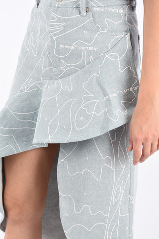 High Rise Ruffle Denim Asymmetric Skirt