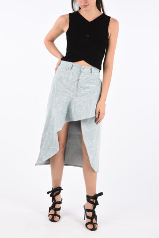High Rise Ruffle Denim Asymmetric Skirt