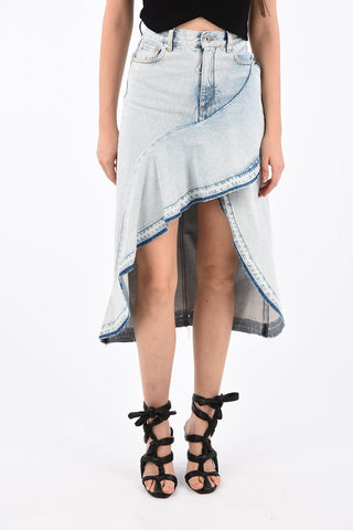 High Rise Ruffle Denim Asymmetric Skirt