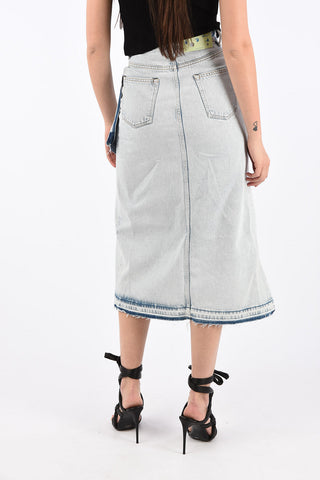 High Rise Ruffle Denim Asymmetric Skirt