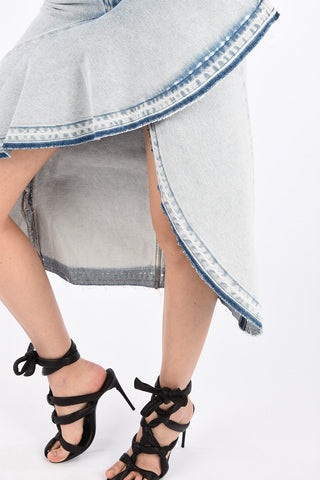 High Rise Ruffle Denim Asymmetric Skirt