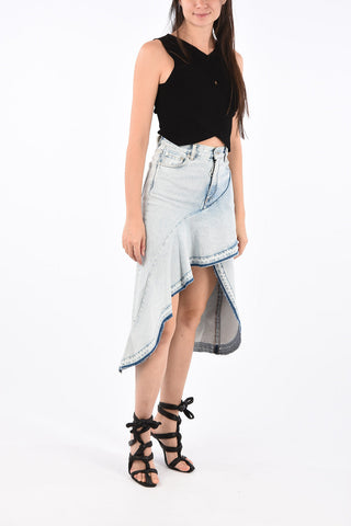 High Rise Ruffle Denim Asymmetric Skirt