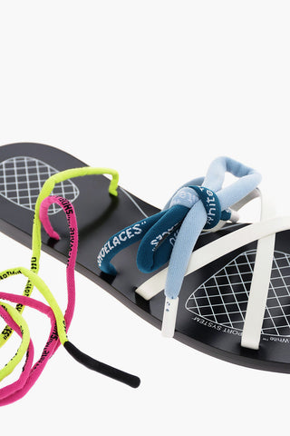 Leather and Fabric Flat Sandals with Logoed Laces