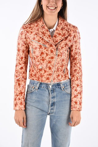 Floral Printed Leather Biker Jacket