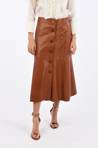 Below Knee Leather Skirt with Buttons on Front