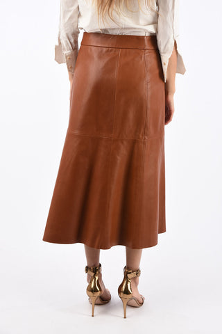 Below Knee Leather Skirt with Buttons on Front