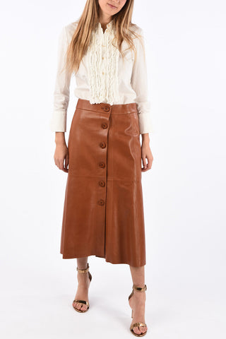 Below Knee Leather Skirt with Buttons on Front