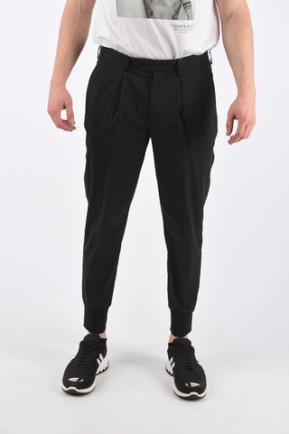 slim fit double pleat trousers with elastic ankle band