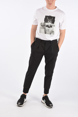 slim fit double pleat trousers with elastic ankle band