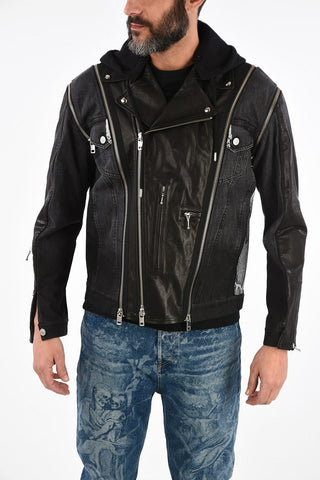 Leather D-LOSTY-SY Biker Jacket with Denim Details