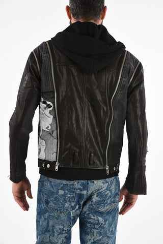 Leather D-LOSTY-SY Biker Jacket with Denim Details