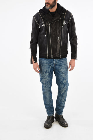 Leather D-LOSTY-SY Biker Jacket with Denim Details