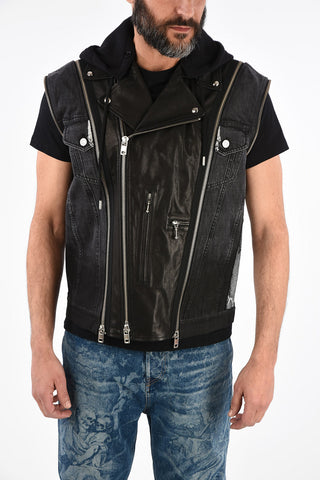 Leather D-LOSTY-SY Biker Jacket with Denim Details