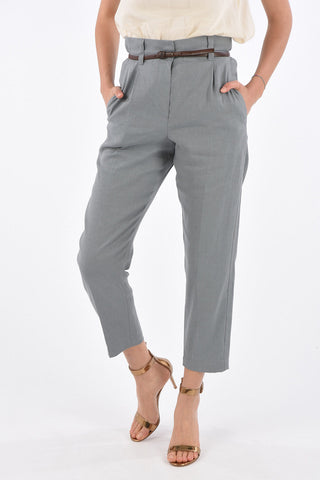 Single Pleat High Waist Pants with Leather Belt