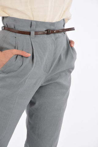 Single Pleat High Waist Pants with Leather Belt