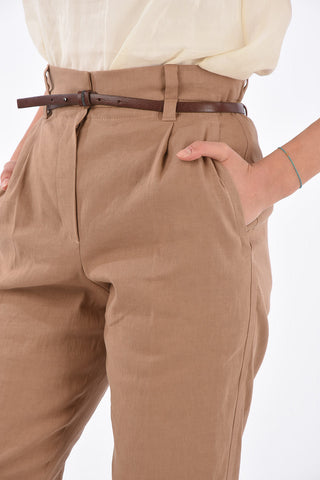 Pantaloni a Una Pince a Vita Alta con Cinturino in Pelle