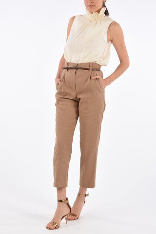 Pantaloni a Una Pince a Vita Alta con Cinturino in Pelle