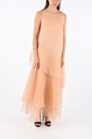 Silk Ruffle Dress with Jewel Neckline