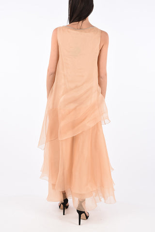 Silk Ruffle Dress with Jewel Neckline