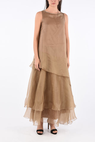 Silk Ruffle Dress with Jewel Neckline