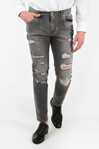 Distressed Slim Fit Jeans with Monogram Jewel Embroidery 17 Cm