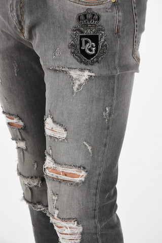 Distressed Slim Fit Jeans with Monogram Jewel Embroidery 17 Cm