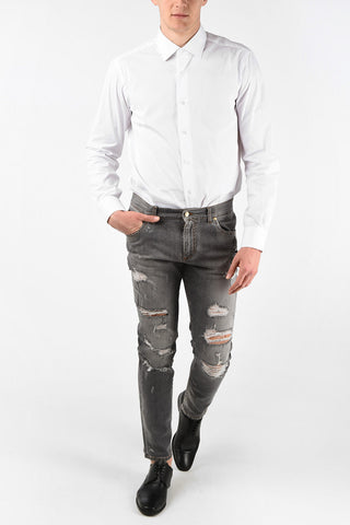 Distressed Slim Fit Jeans with Monogram Jewel Embroidery 17 Cm