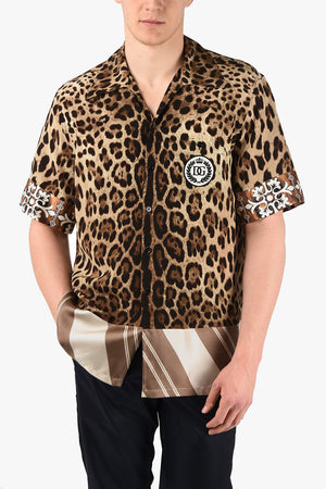 Animal Printed Silk Short Sleeve Shirt with Monogram Patch 