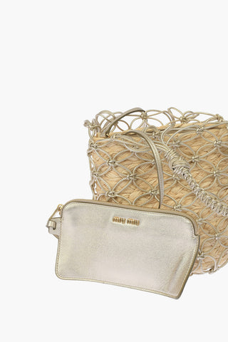 Metallic Leather and Rafia Bucket bag With Removable Shoulder Strap