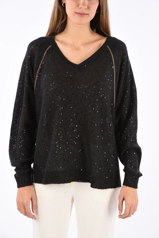 Flax and silk Sequined v-neck sweater