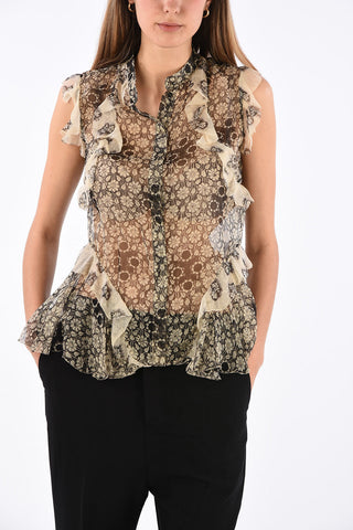 floral-print silk frill top
