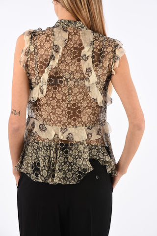 floral-print silk frill top