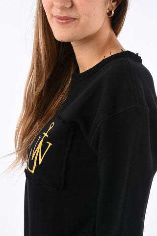 raw edge crew-neck sweatshirt with Embroiderd Logo