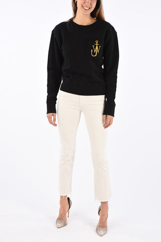 raw edge crew-neck sweatshirt with Embroiderd Logo