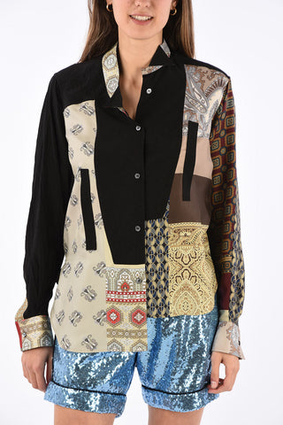 abstract print wing collar asymmetric blouse