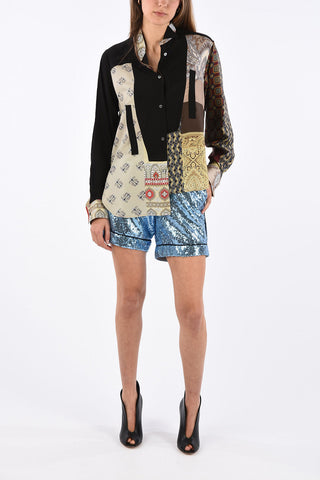 abstract print wing collar asymmetric blouse