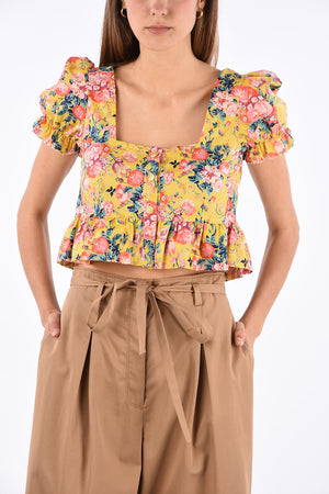 floral-print leg-o-mutton sleeve frill crop top