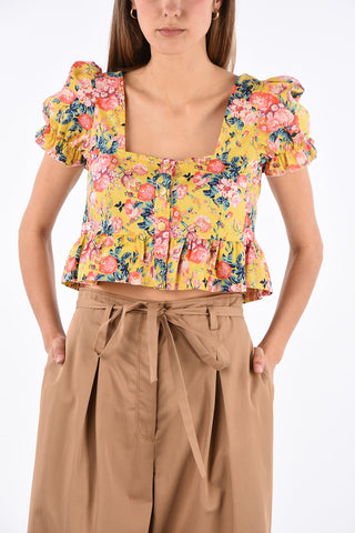 floral-print leg-o-mutton sleeve frill crop top