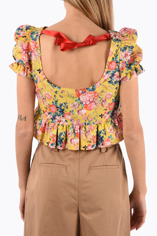 floral-print leg-o-mutton sleeve frill crop top